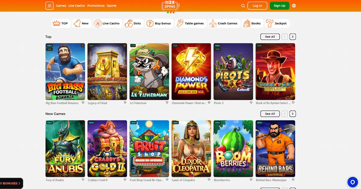 AllSpins Casino Lobby mit Slots, Live-Casino und Sportwetten