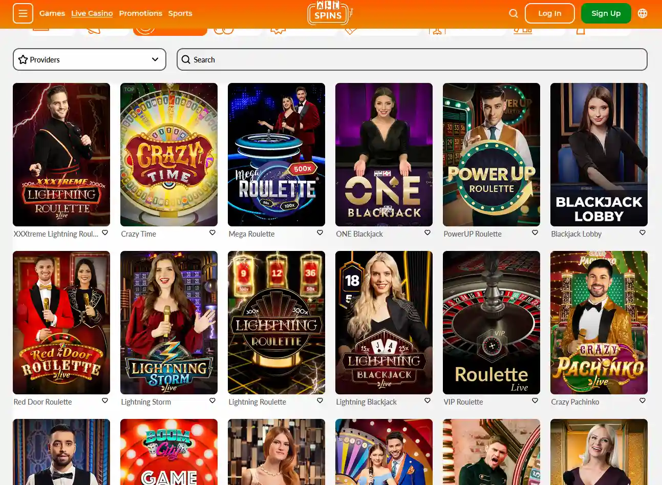 Live-Casino-Lobby von AllSpins mit echten Dealern