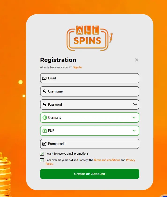 Registrierungsformular von AllSpins Casino