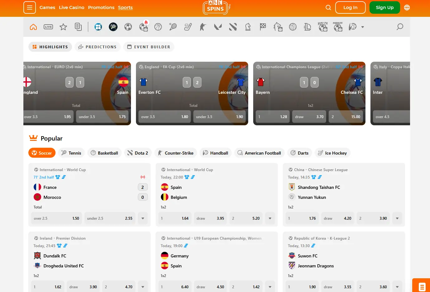 AllSpins Sportsbook mit Live-Wetten